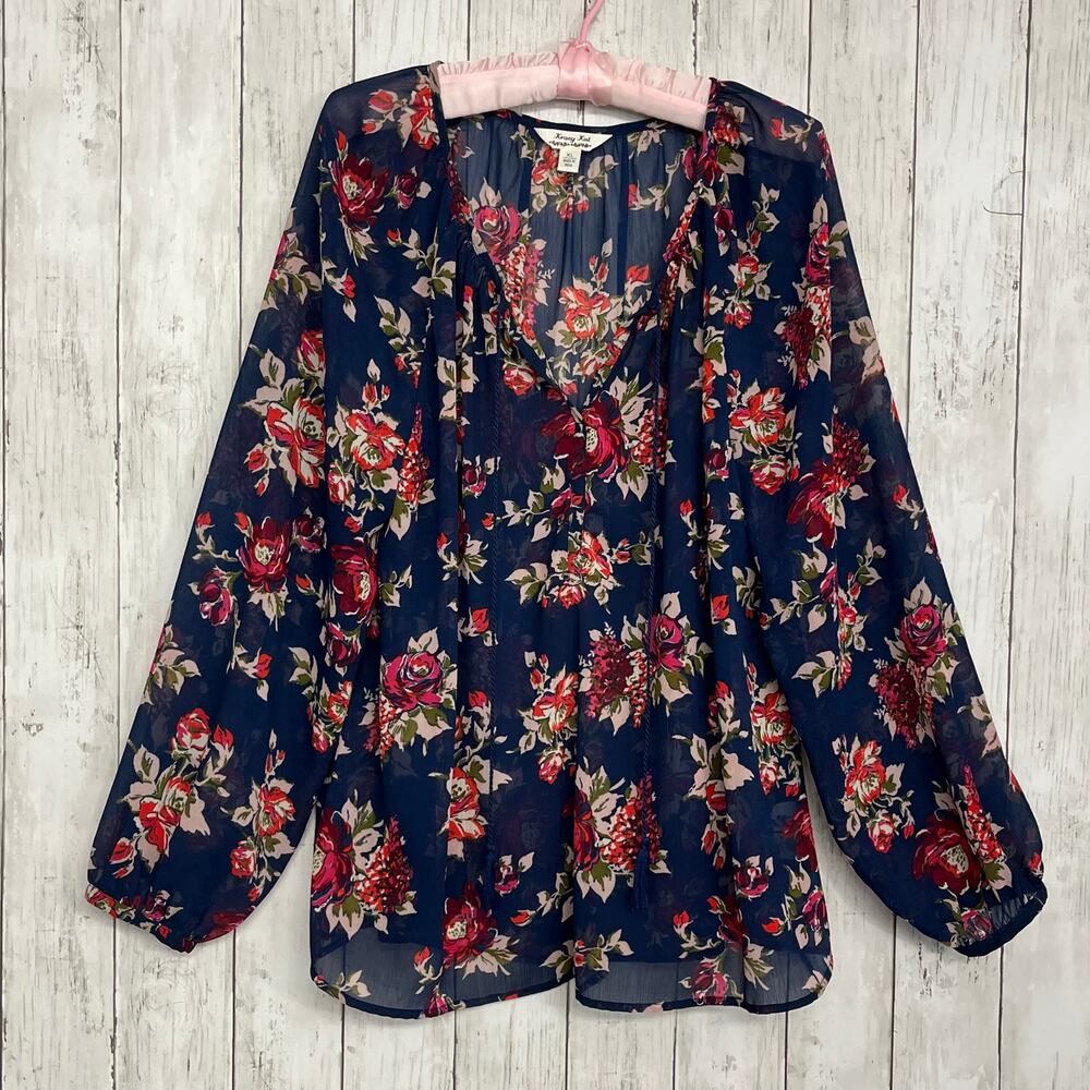 Krazy Kat Sheer Blue Floral Long Sleeve V Neck Tassel Flowy Light Shirt Blouse